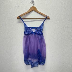 Frederick’s Of Hollywood Blue Purple Mesh Floral Lace Nylon Dress Fairy Large